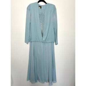 Vintage Ursula of Switzerland Beaded Chiffon Dress Long Sleeve Midi Size 9/10